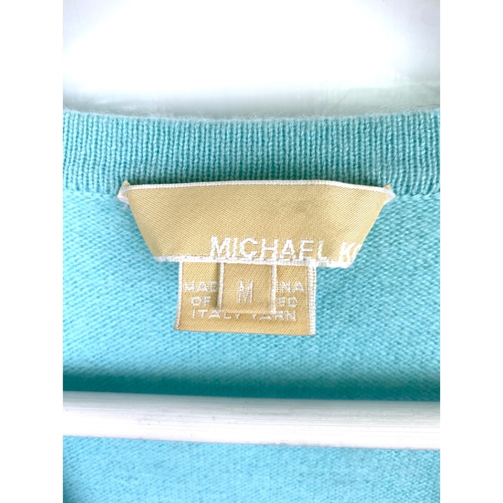 Michael Kors 100% Cashmere V-Neck Cardigan M Pastel Teal Blue Italian Yarn - Picture 5 of 16